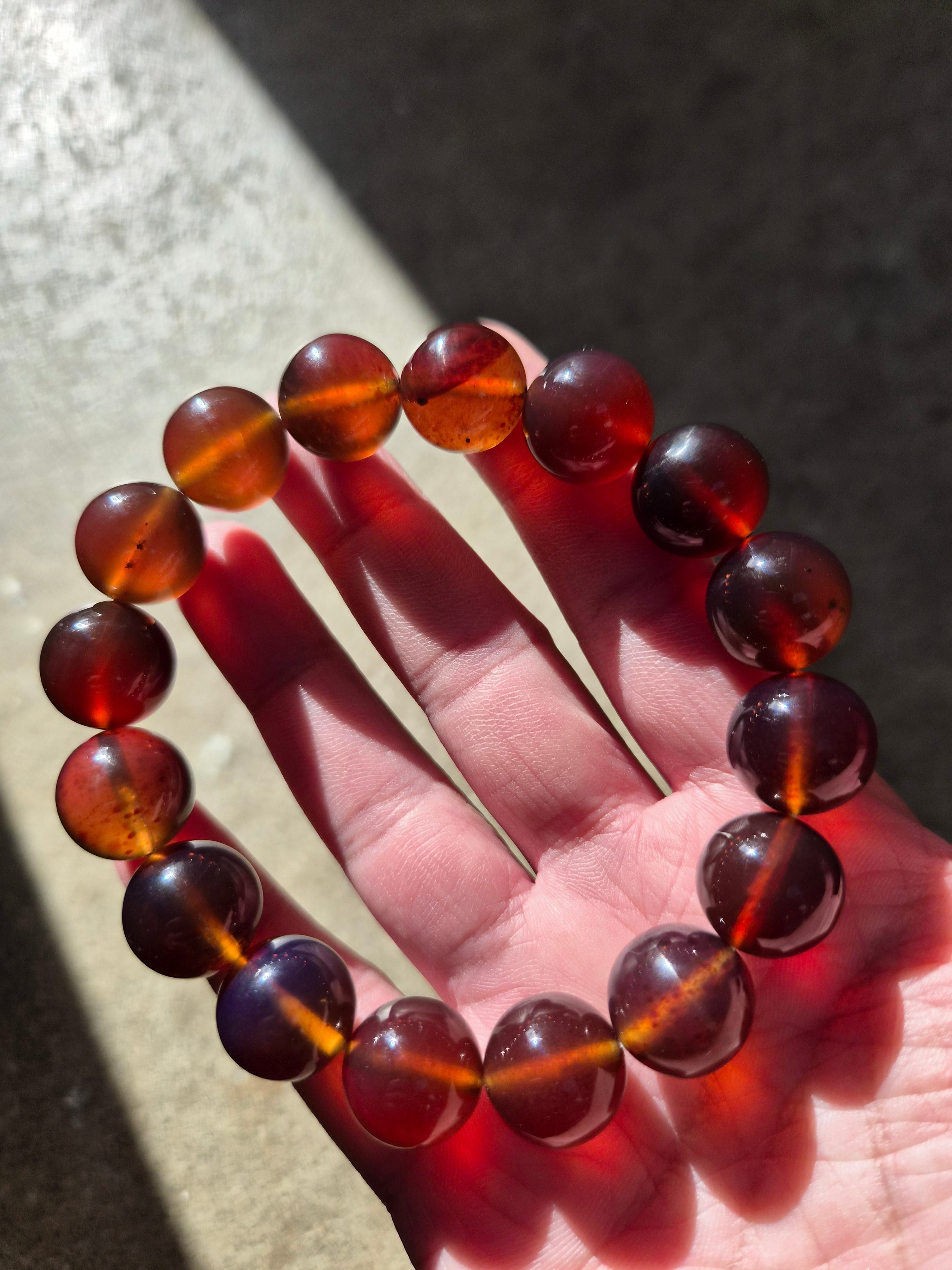 Natural Sumatran Blue Amber Bracelet – Polished Cognac Amber Beads | Indonesian Collector Jewellery