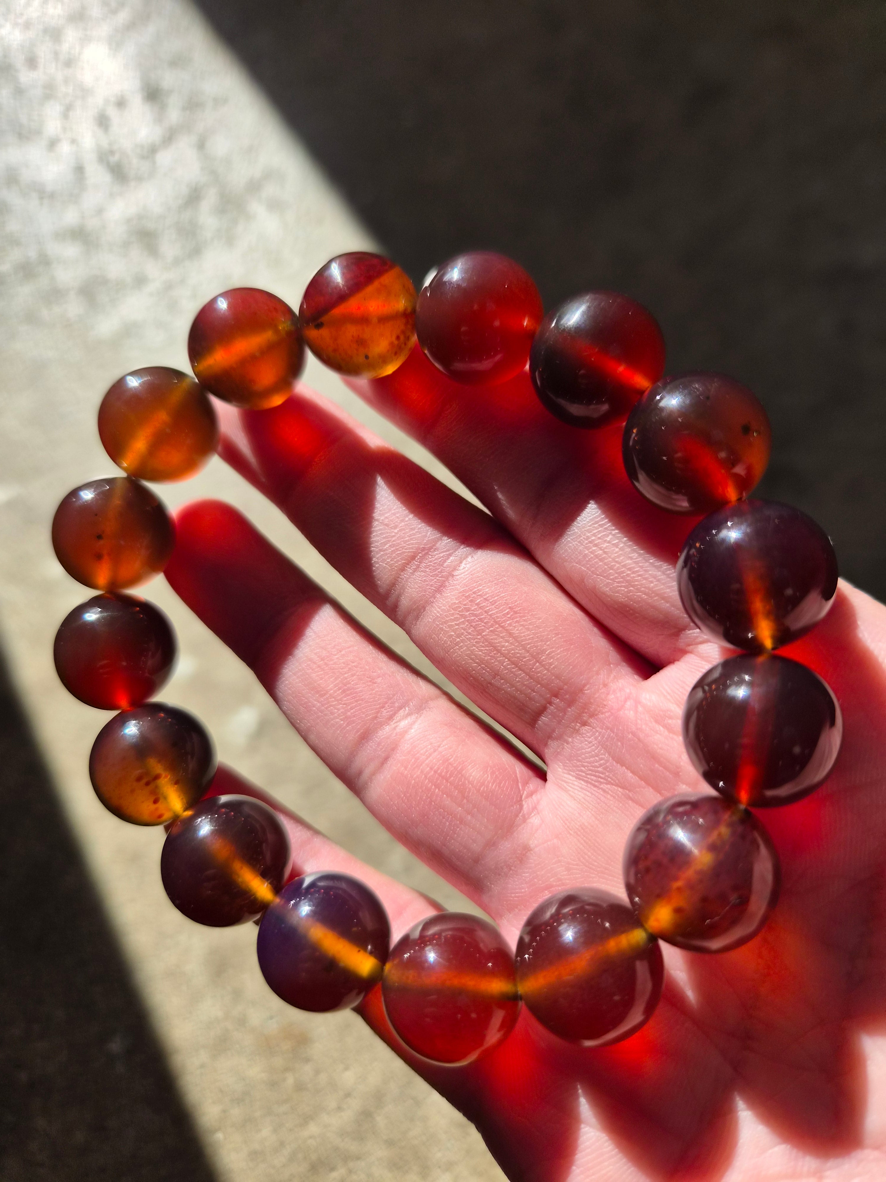 Natural Sumatran Blue Amber Bracelet – Polished Cognac Amber Beads | Indonesian Collector Jewellery