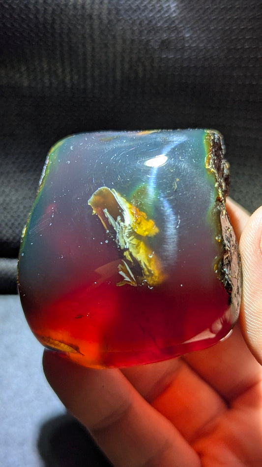 Natural Sumatran 45g  Blue Amber “Aurora Phoenix” — Polished Fire Nebula Collector Specimen with Rare Blue-Green Glow