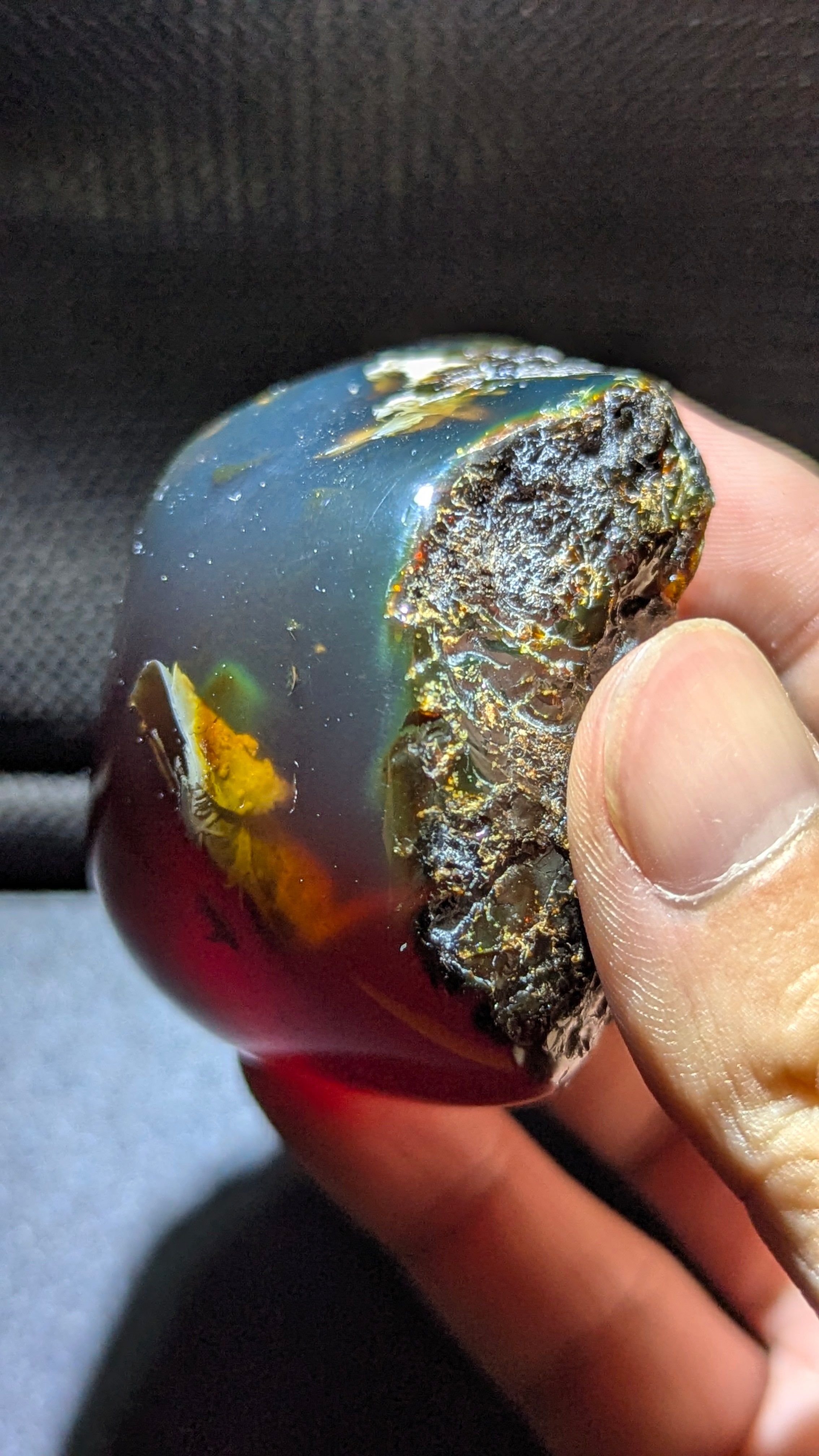 Natural Sumatran 45g  Blue Amber “Aurora Phoenix” — Polished Fire Nebula Collector Specimen with Rare Blue-Green Glow