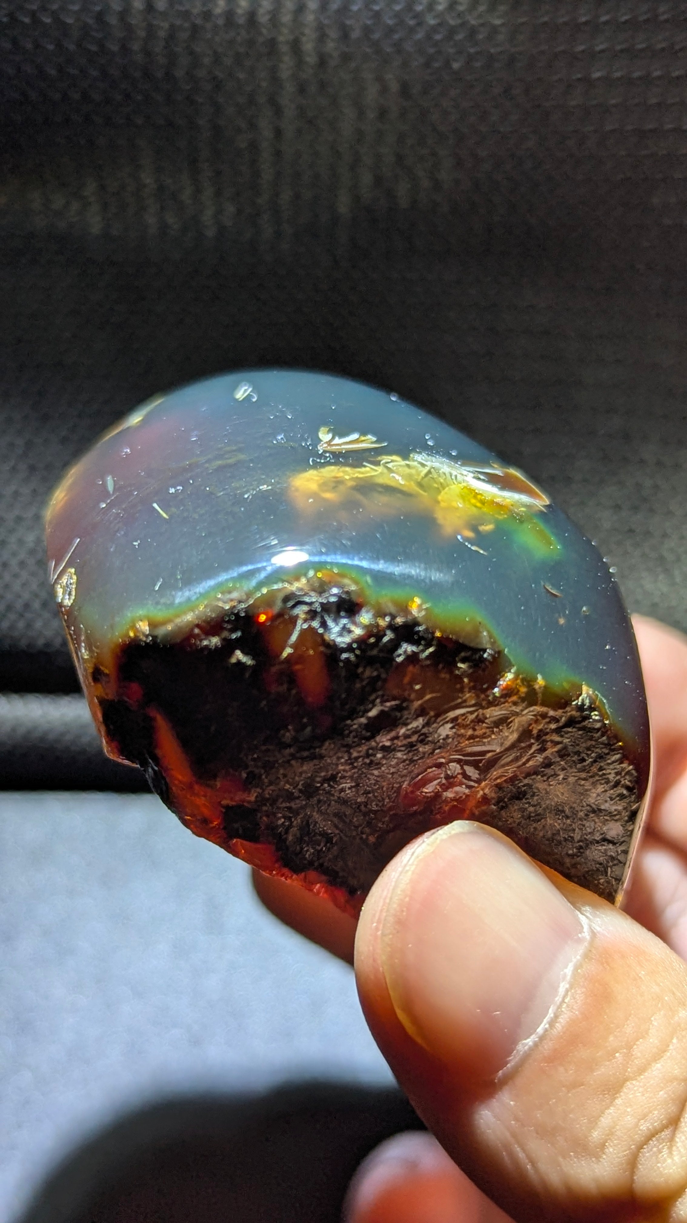 Natural Sumatran 45g  Blue Amber “Aurora Phoenix” — Polished Fire Nebula Collector Specimen with Rare Blue-Green Glow
