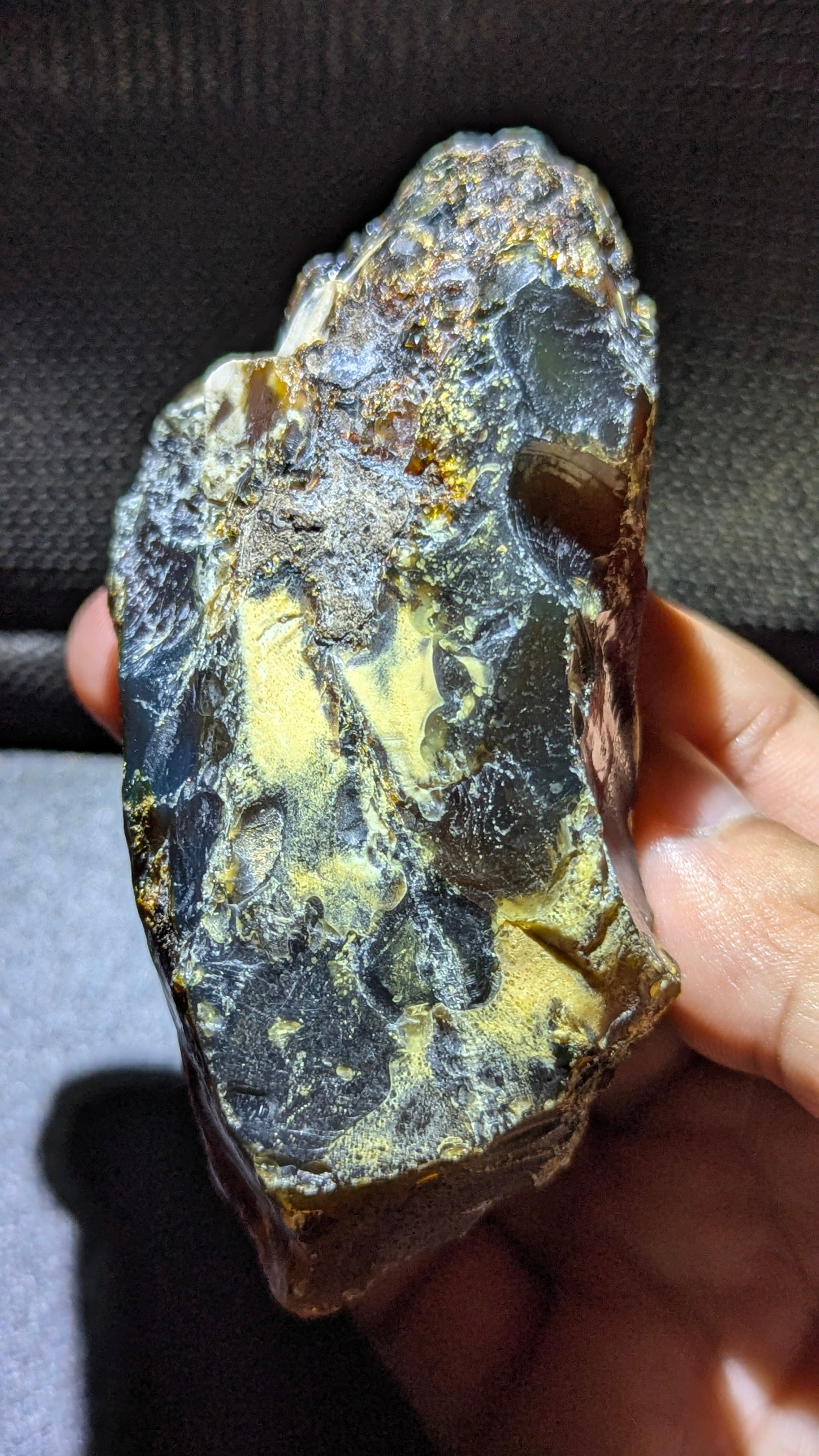 73G Natural Sumatran Blue Amber “Golden Storm Nebula” — Rare Polished Collector Specimen with Blue-Green Glow & Fiery Honey Inclusions