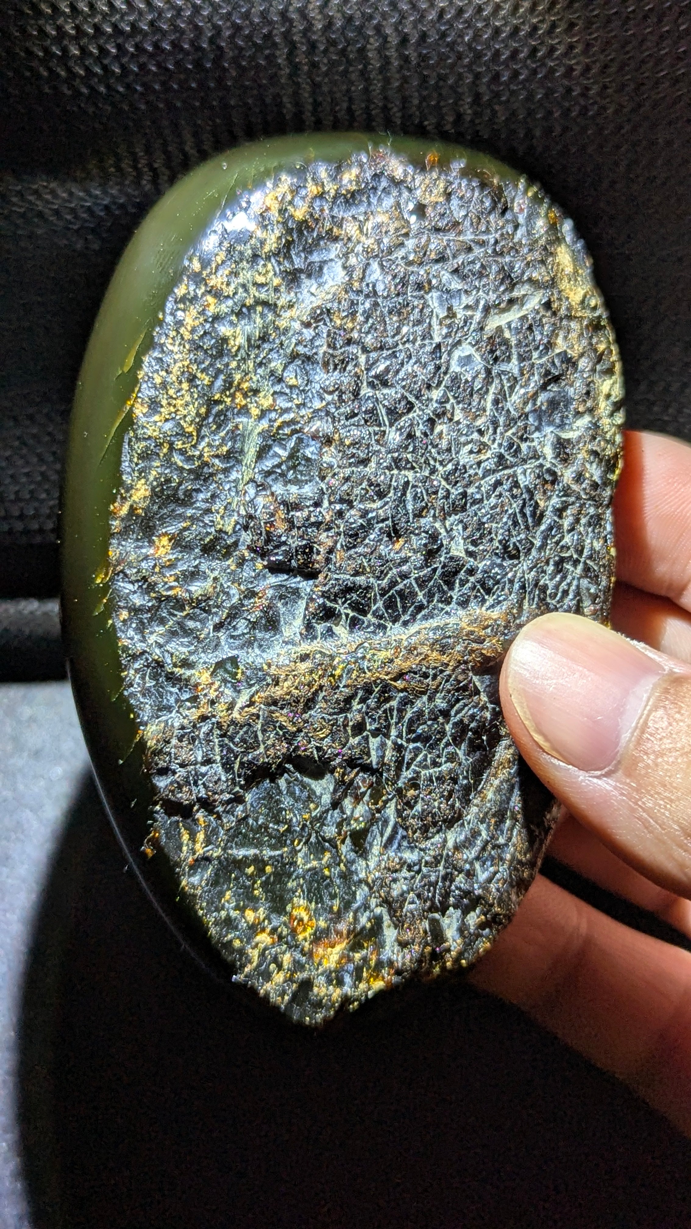 Natural Sumatran Blue Amber “Emerald Comet” 79g — Rare Polished Collector Specimen with Green Glow, Golden Fireflies & Raw Bark Edge