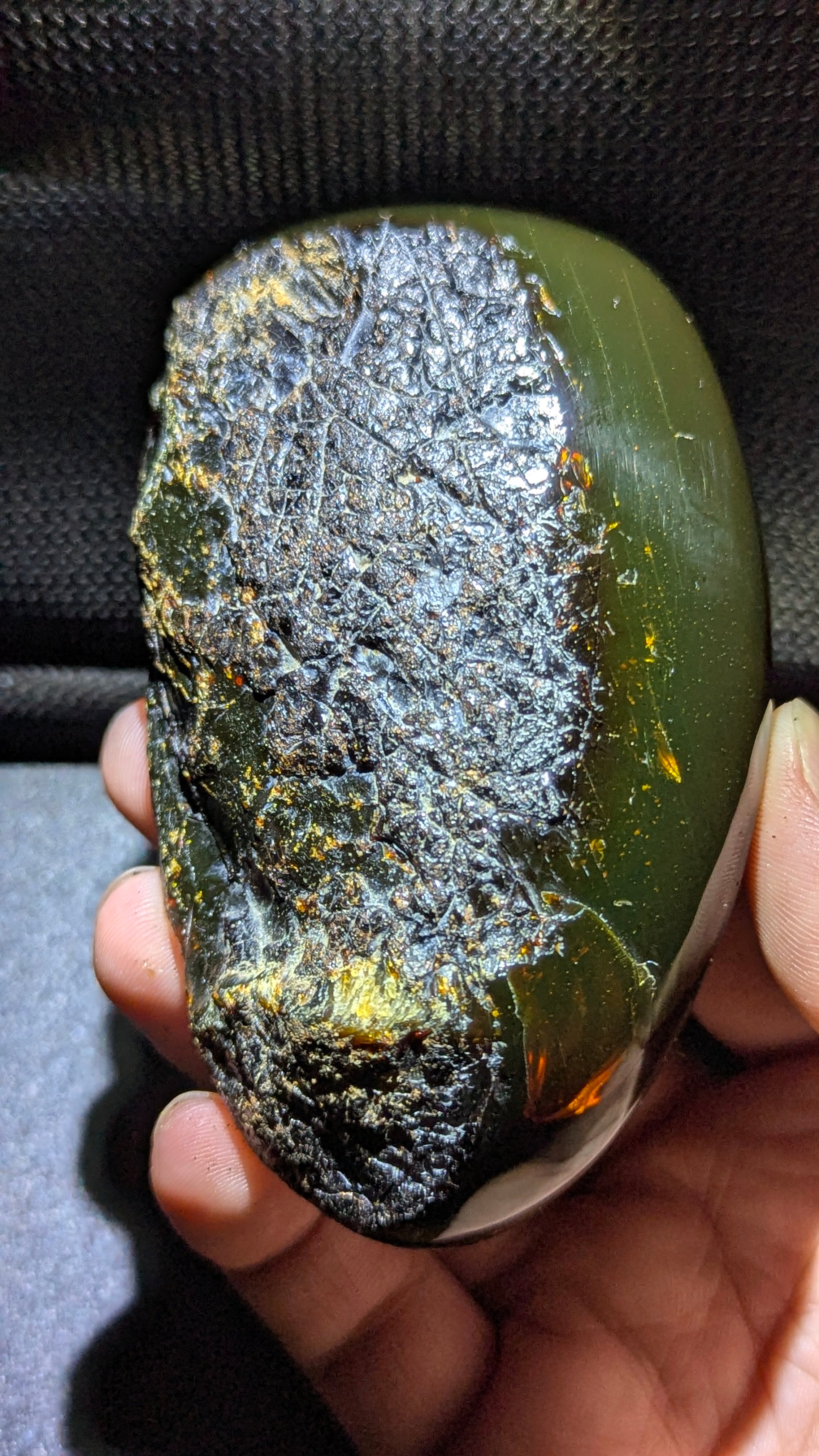 Natural Sumatran Blue Amber “Emerald Comet” 79g — Rare Polished Collector Specimen with Green Glow, Golden Fireflies & Raw Bark Edge