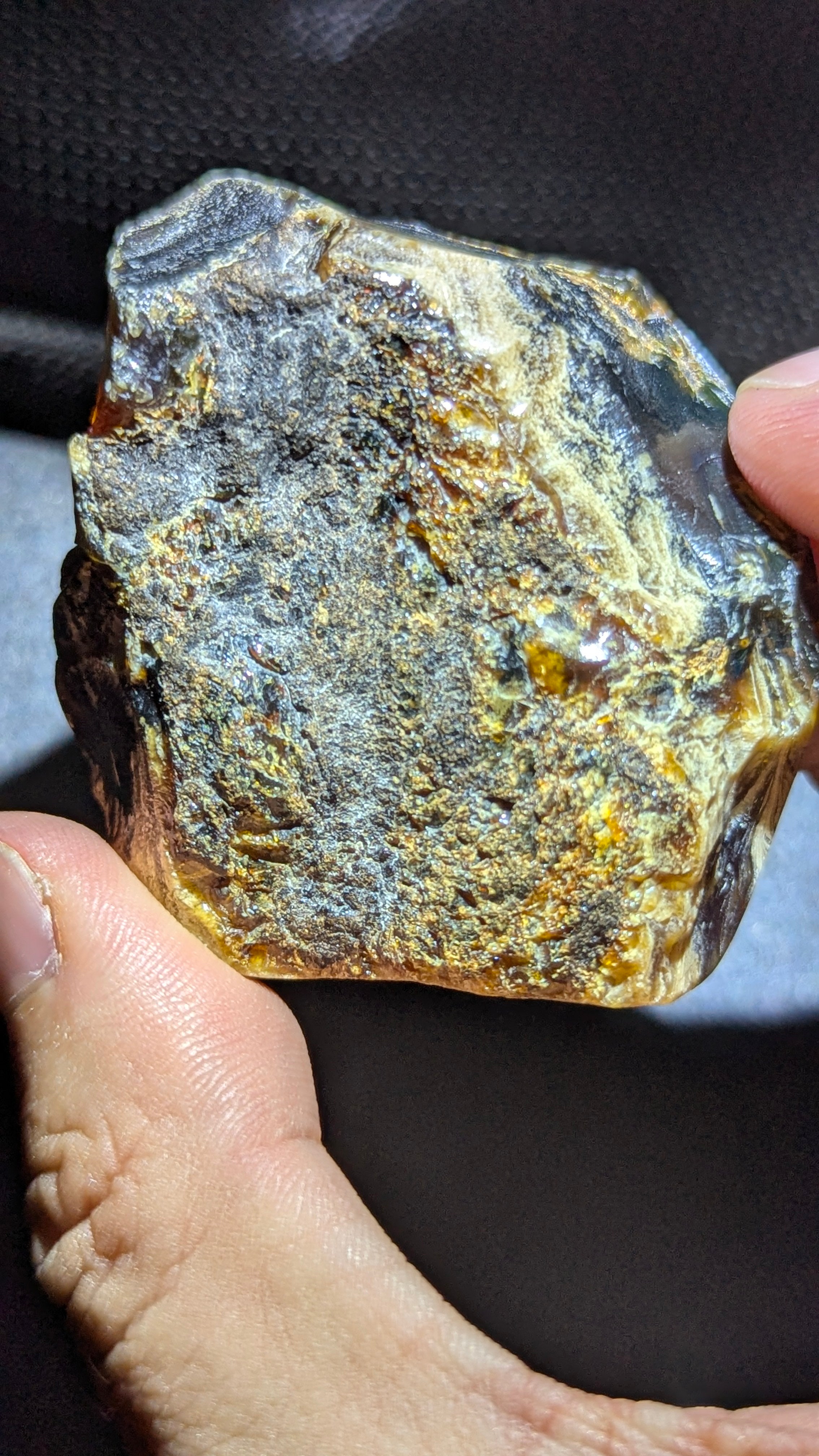 Rare 62G Polished Collector Specimen with Blue-Green Glow, Golden Moon Pattern & Raw Edge - Natural Sumatran Blue Amber “Lunar Ocean”