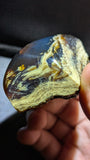 Rare 62G Polished Collector Specimen with Blue-Green Glow, Golden Moon Pattern & Raw Edge - Natural Sumatran Blue Amber “Lunar Ocean”