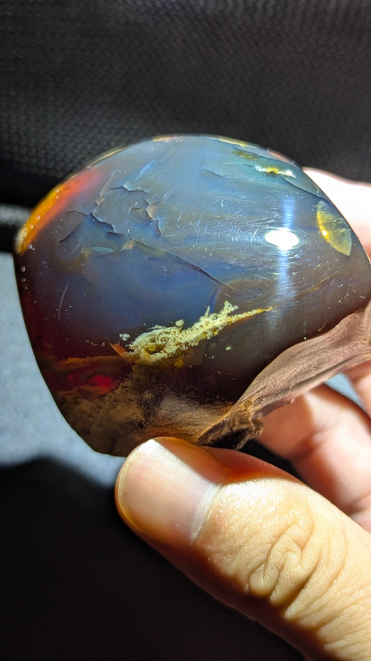 Rare 62G Polished Collector Specimen with Blue-Green Glow, Golden Moon Pattern & Raw Edge - Natural Sumatran Blue Amber “Lunar Ocean”