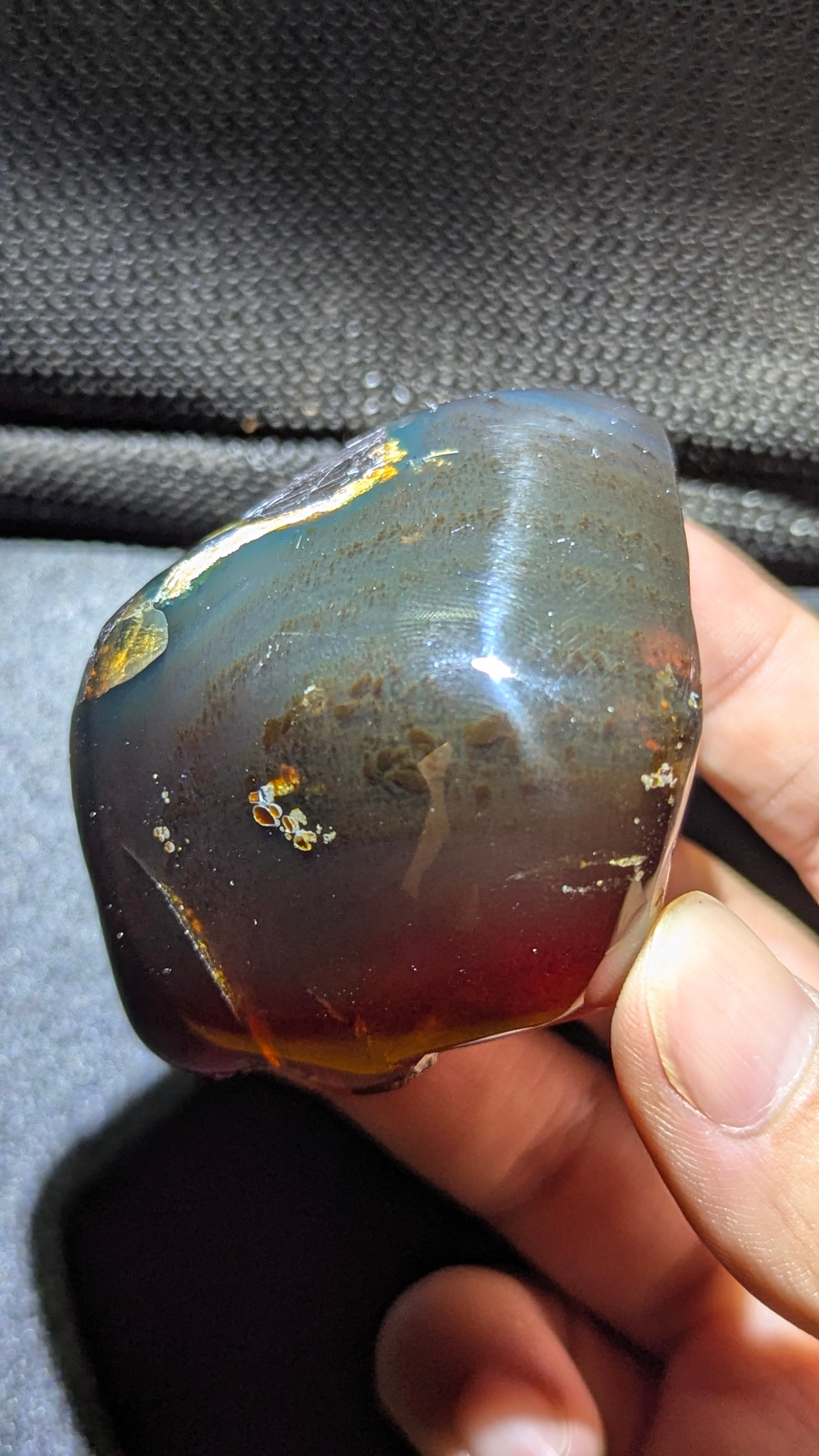 Natural Sumatran Blue Amber “Blue Moon Eclipse” 42G — Rare Polished Collector Specimen with Blue-Green Glow, Golden Star Inclusions & Raw Edge
