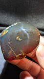 Natural Sumatran Blue Amber “Blue Moon Eclipse” 42G — Rare Polished Collector Specimen with Blue-Green Glow, Golden Star Inclusions & Raw Edge