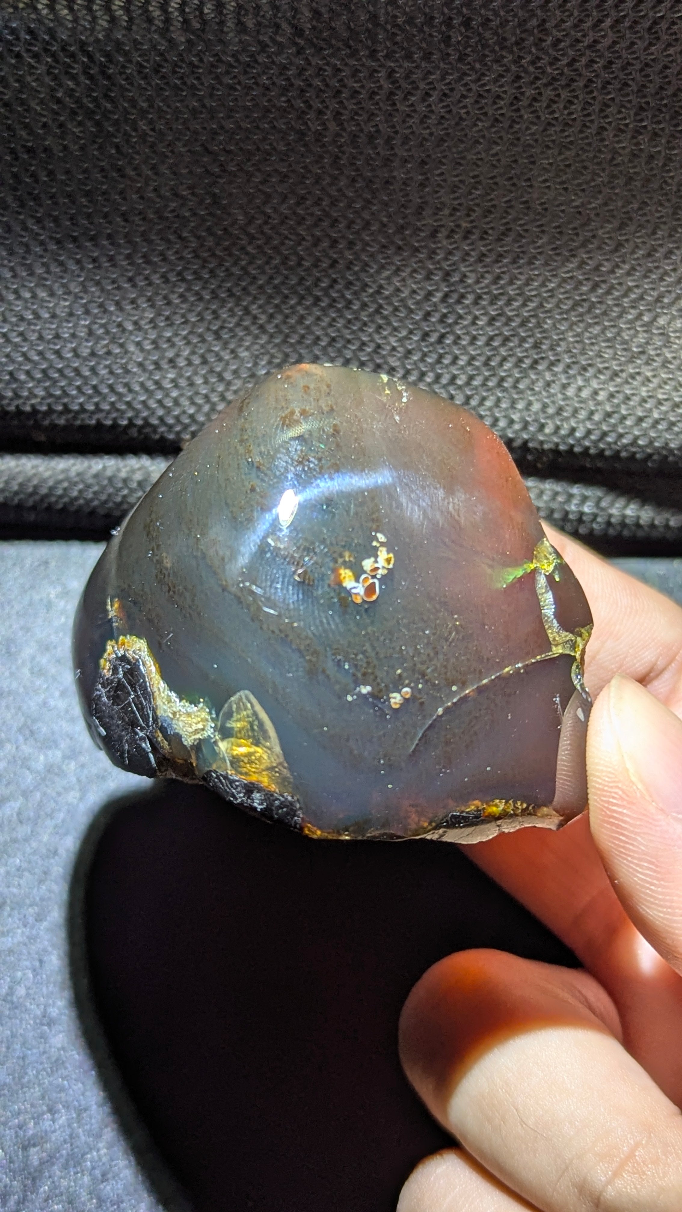 Natural Sumatran Blue Amber “Blue Moon Eclipse” 42G — Rare Polished Collector Specimen with Blue-Green Glow, Golden Star Inclusions & Raw Edge