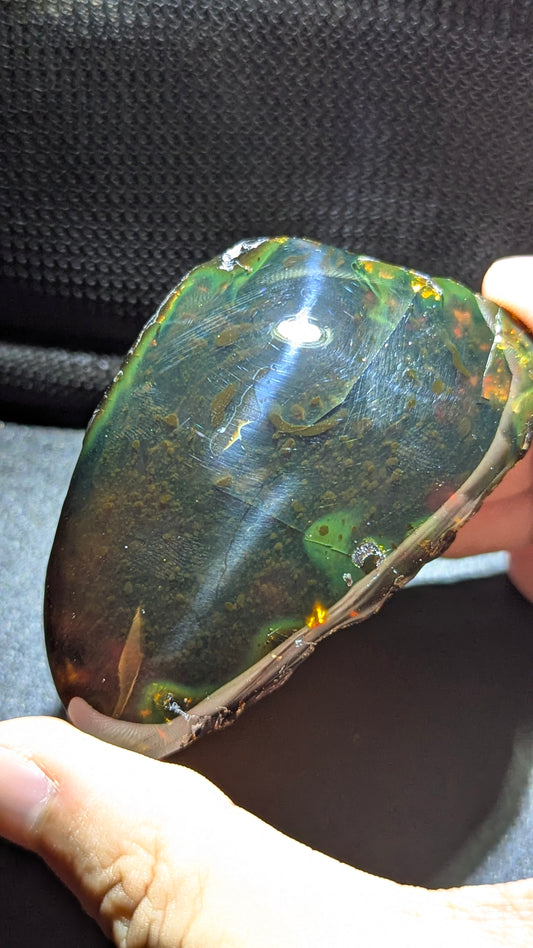 Natural Sumatran Blue Amber 45g Specimen – Emerald Forest Galaxy Pattern, UV Reactive Collector Amber with Golden Inclusions