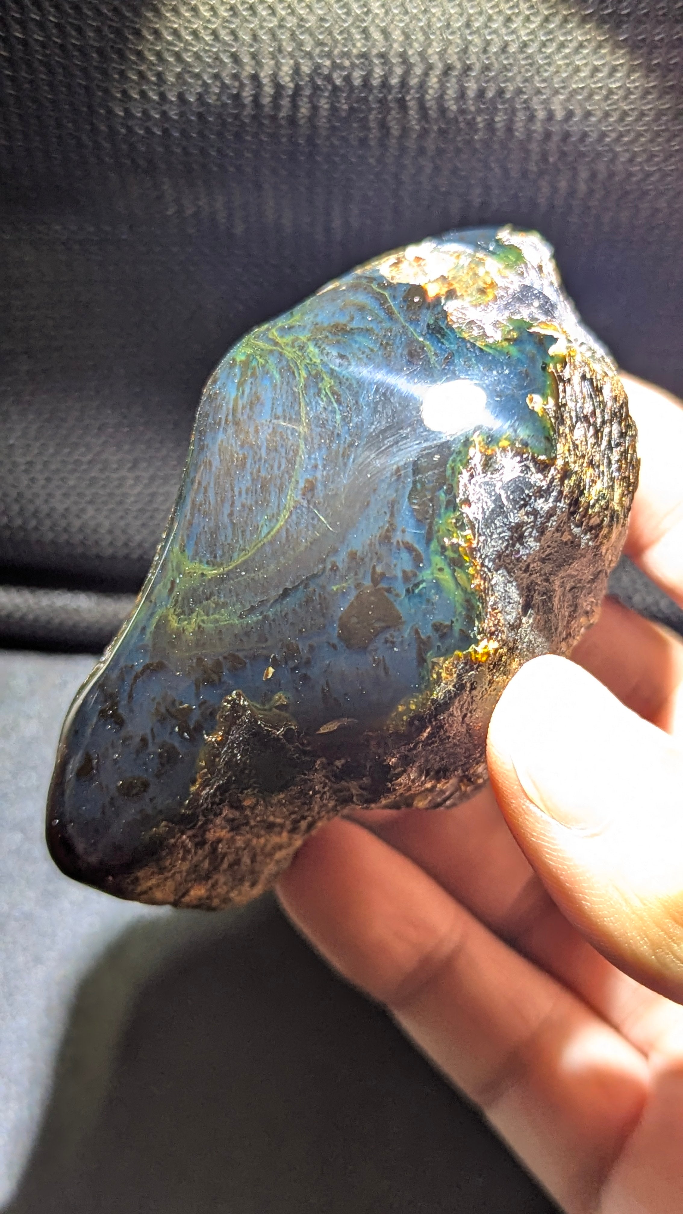 Natural Sumatran Blue Amber 62g Specimen – Storm Forest Vein Pattern, UV Reactive Polished Collector Amber