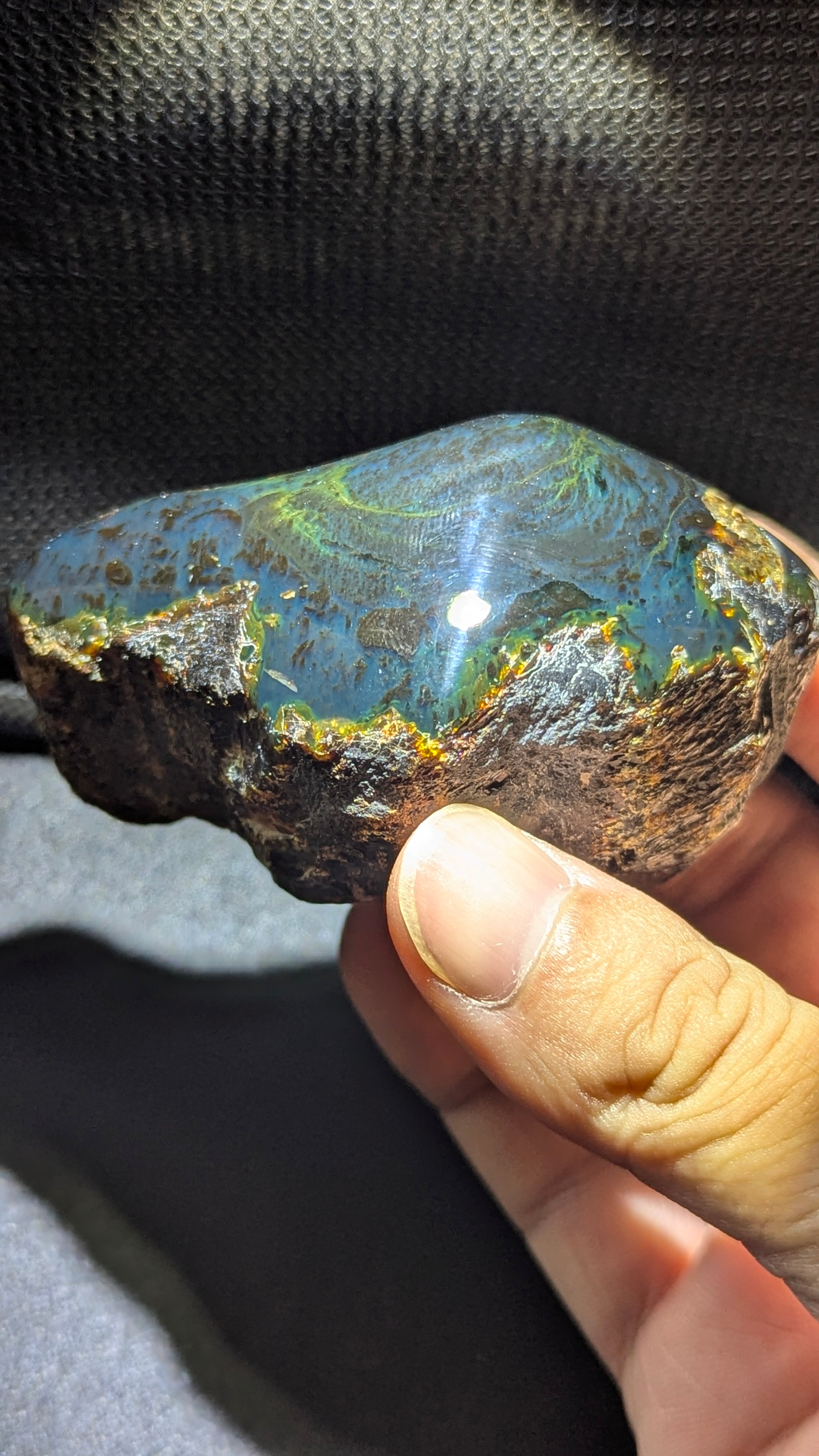 Natural Sumatran Blue Amber 62g Specimen – Storm Forest Vein Pattern, UV Reactive Polished Collector Amber