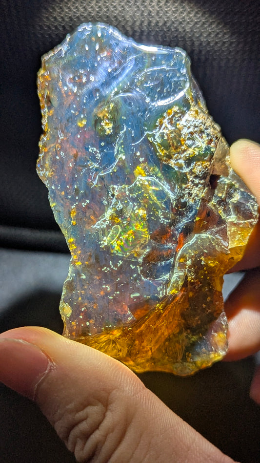 Natural Sumatran Blue Amber Rough Specimen 38g – Golden Galaxy Storm Pattern, UV Reactive Collector Amber with Blue Glow