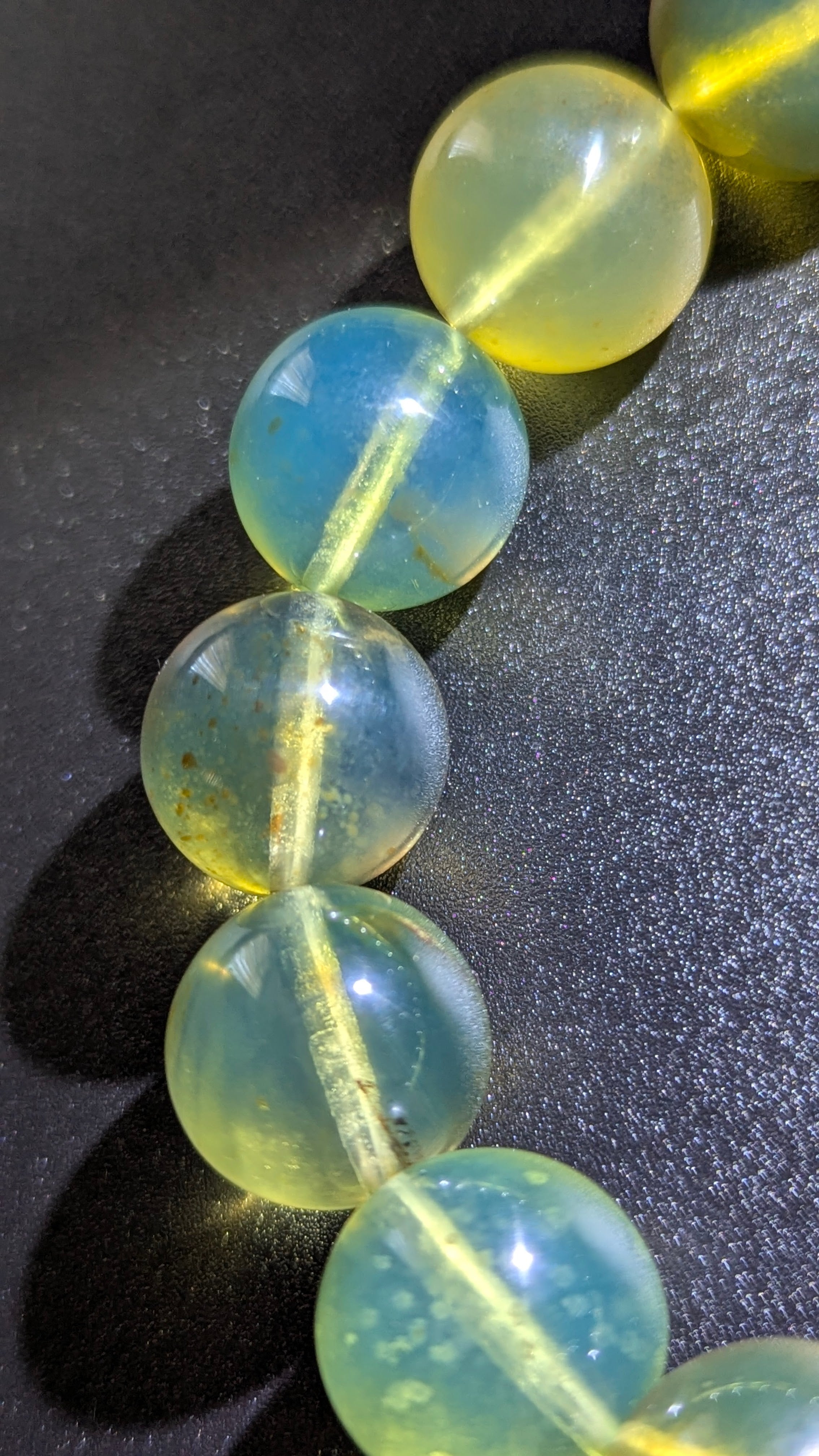 Natural Rare Blue Amber Bracelet (15mm beads) — “Sky & Honey” Glow Beads (High-Clarity, White-Light Blue Sheen)