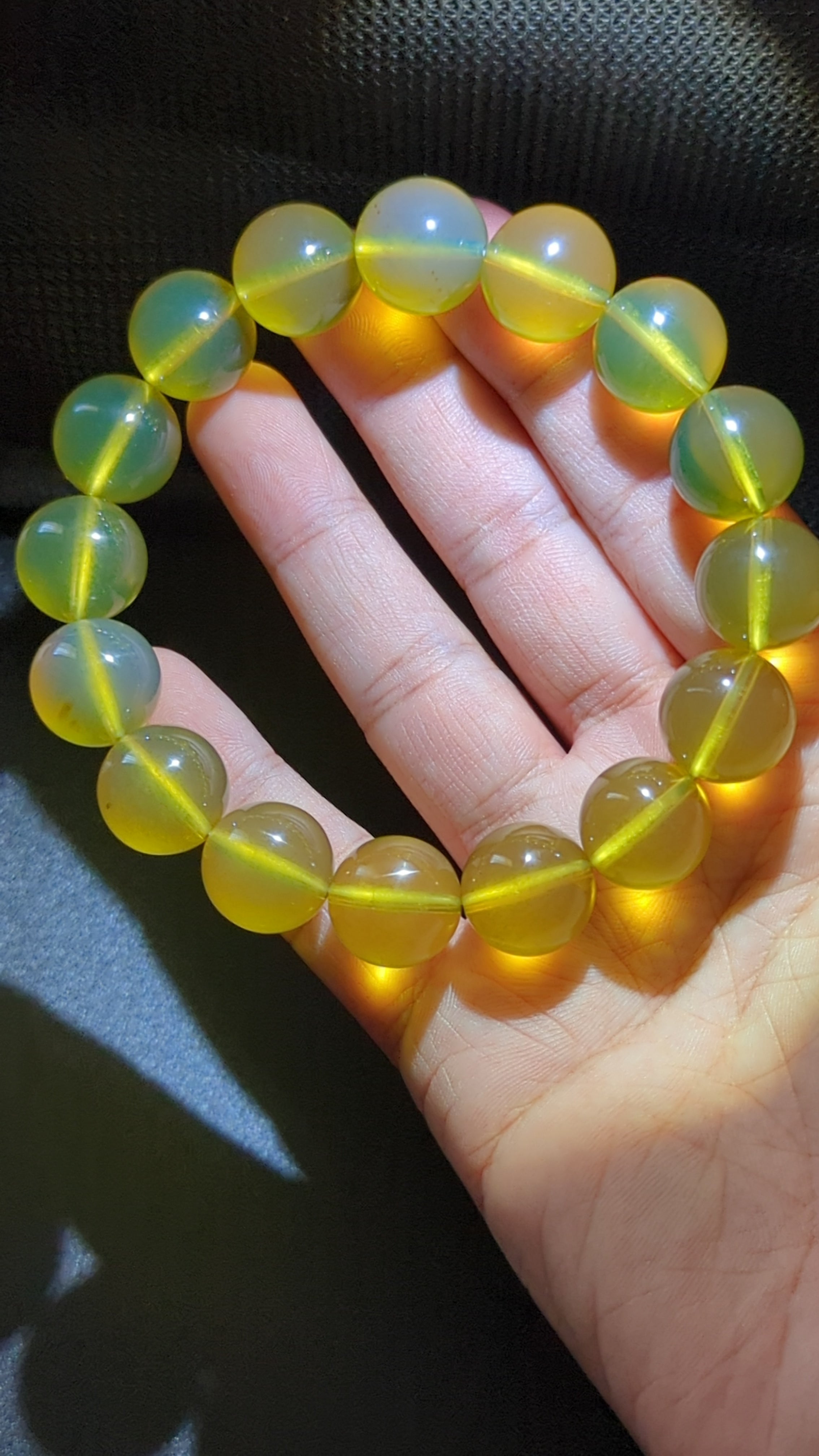 Rare AAA Natural Blue Amber Bracelet – High clarity 15mm “Sky & Honey” Glow Beads, High-Clarity White-Light Blue Sheen