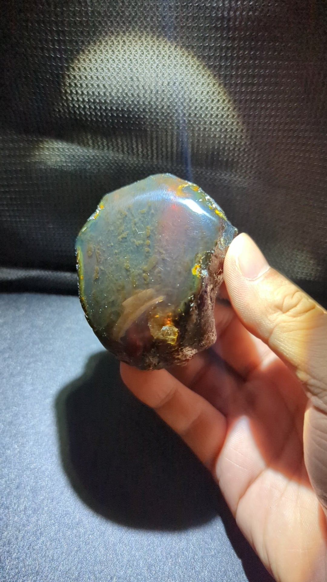 Cosmic Reef Sumatran Blue Amber 65g  – Polished Collector Specimen with Moss-Like Inclusions