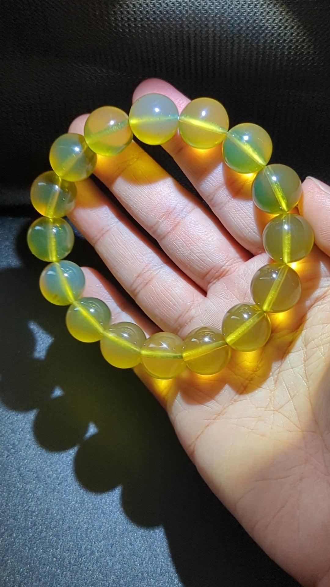 Rare AAA Natural Blue Amber Bracelet – High clarity 15mm “Sky & Honey” Glow Beads, High-Clarity White-Light Blue Sheen