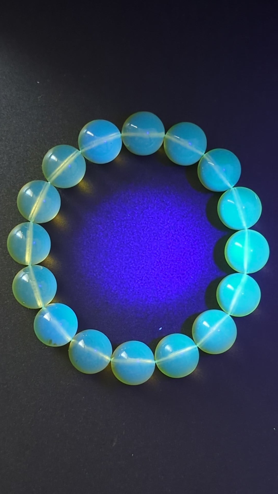 Rare AAA Natural Blue Amber Bracelet – High clarity 15mm “Sky & Honey” Glow Beads, High-Clarity White-Light Blue Sheen