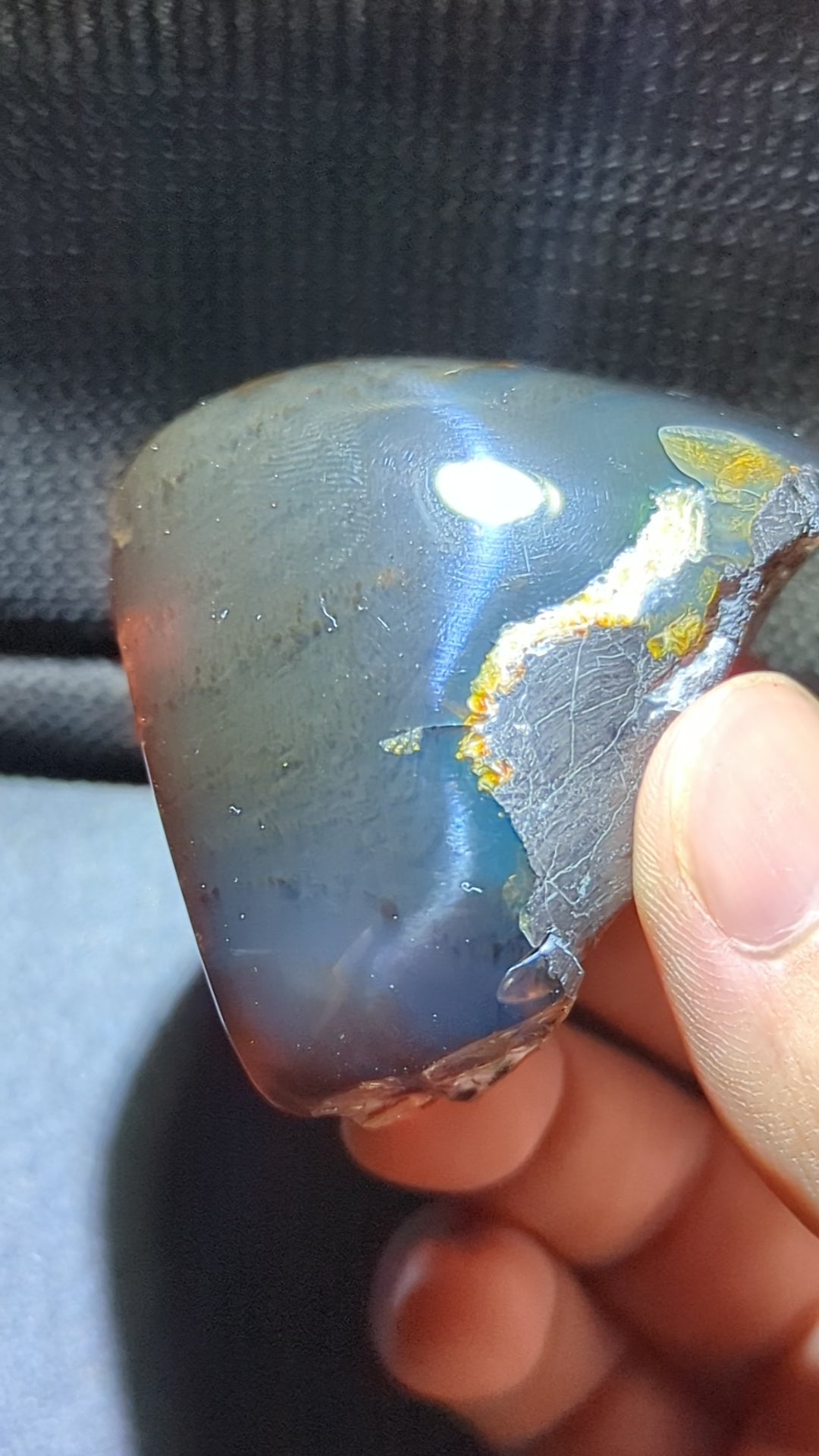 Natural Sumatran Blue Amber “Blue Moon Eclipse” 42G — Rare Polished Collector Specimen with Blue-Green Glow, Golden Star Inclusions & Raw Edge
