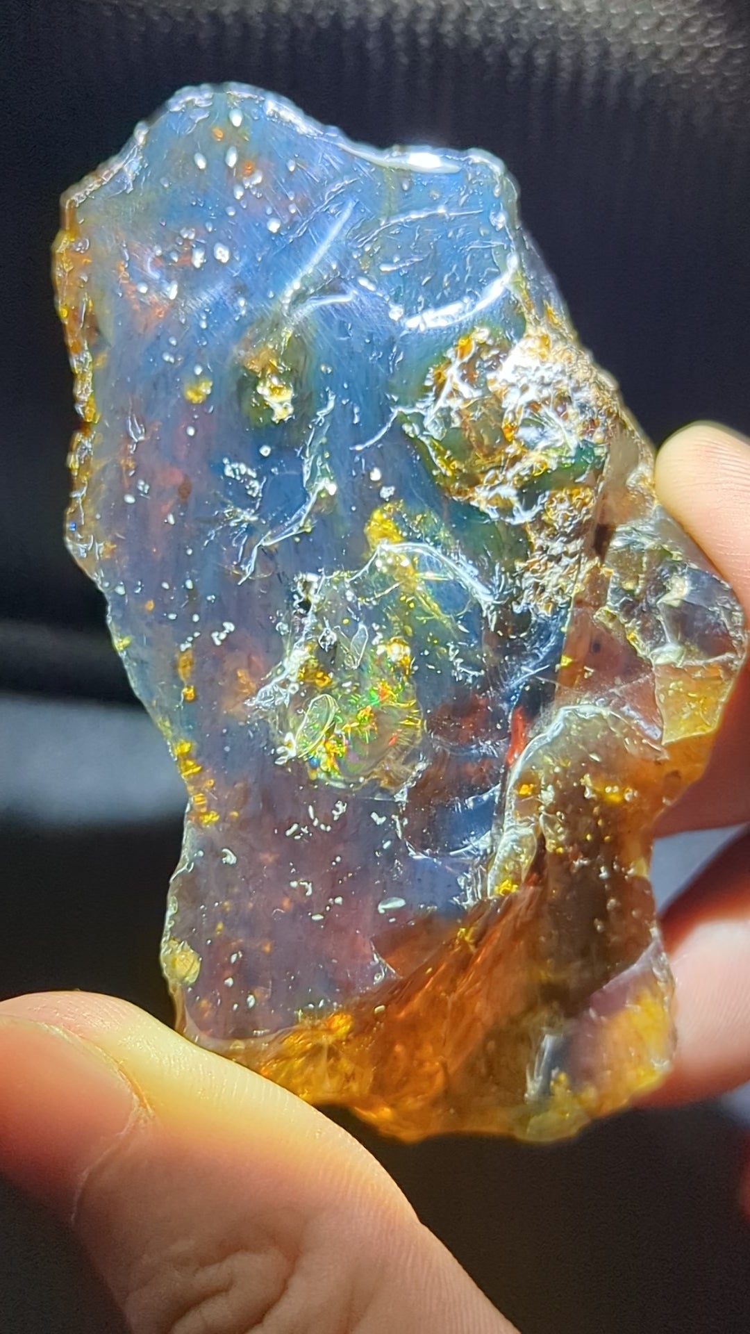 Natural Sumatran Blue Amber Rough Specimen 38g – Golden Galaxy Storm Pattern, UV Reactive Collector Amber with Blue Glow