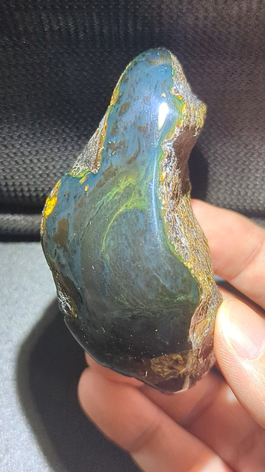 Natural Sumatran Blue Amber 62g Specimen – Storm Forest Vein Pattern, UV Reactive Polished Collector Amber