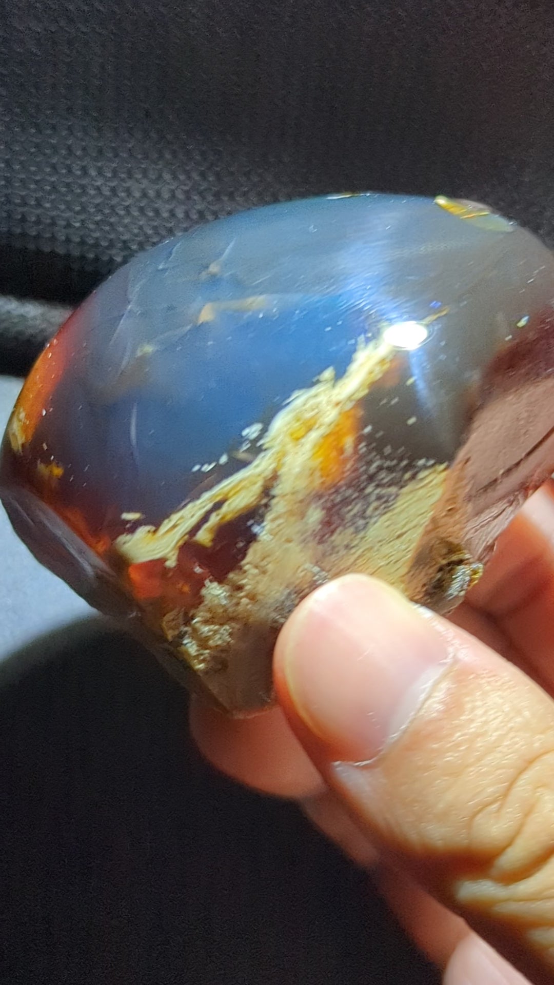 Rare 62G Polished Collector Specimen with Blue-Green Glow, Golden Moon Pattern & Raw Edge - Natural Sumatran Blue Amber “Lunar Ocean”