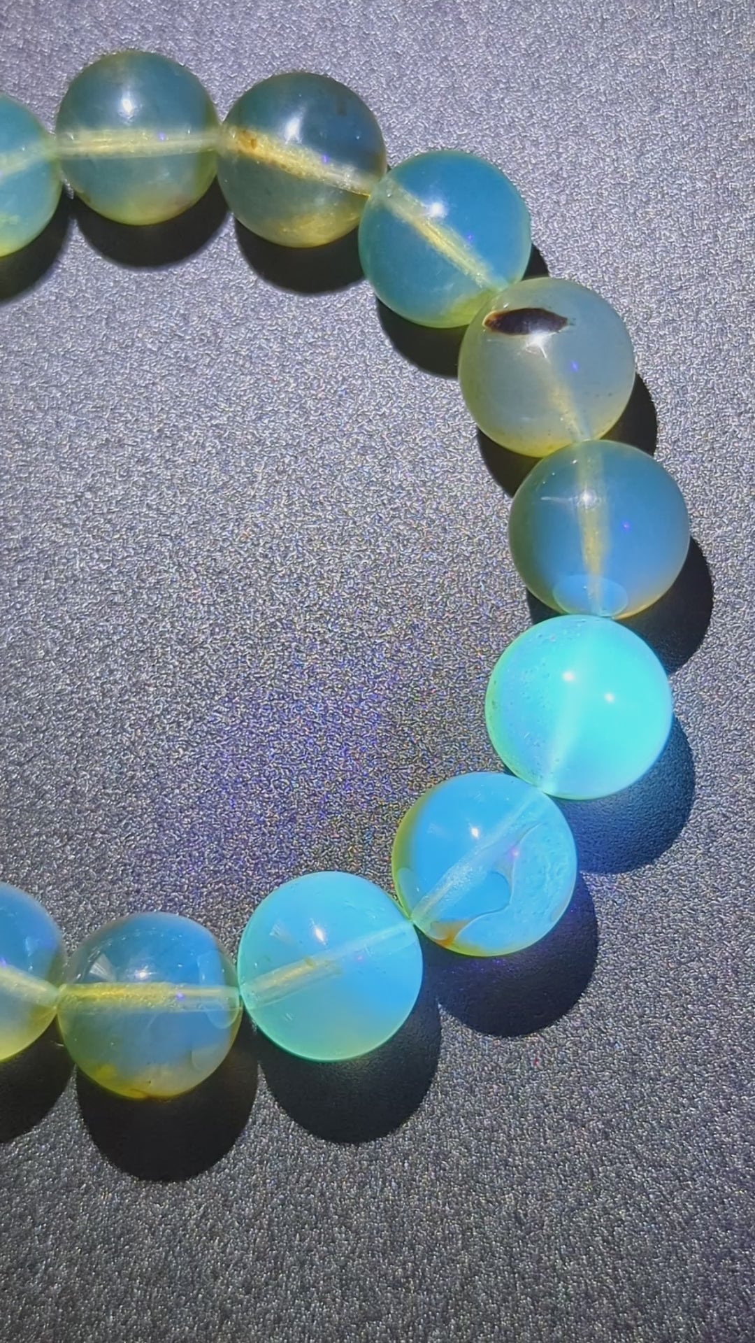 Natural Rare Blue Amber Bracelet (15mm beads) — “Sky & Honey” Glow Beads (High-Clarity, White-Light Blue Sheen)